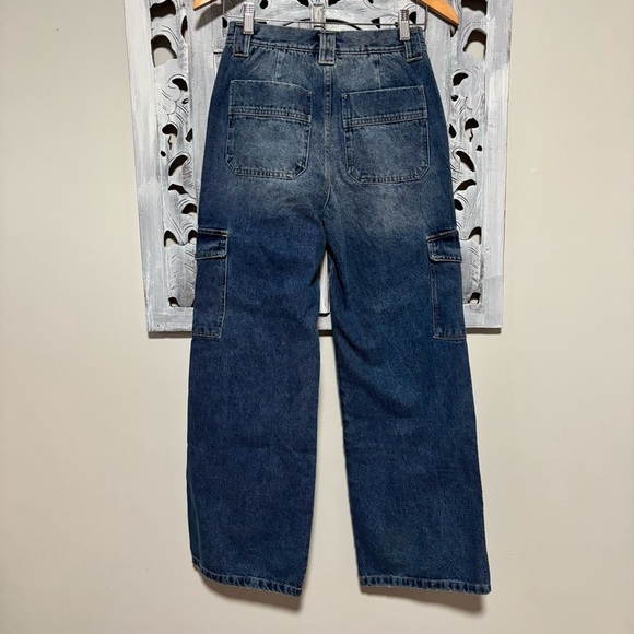 KanCan High Rise Cargo Utility Medium Wash Cotton Wide Leg Skater Fit Jeans NWT - Picture 4 of 10